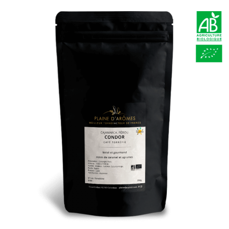 Paquet 250g de café Pérou CONDOR HUABAL Bio pour la méthode expresso de la marque Plaine d'Arômes