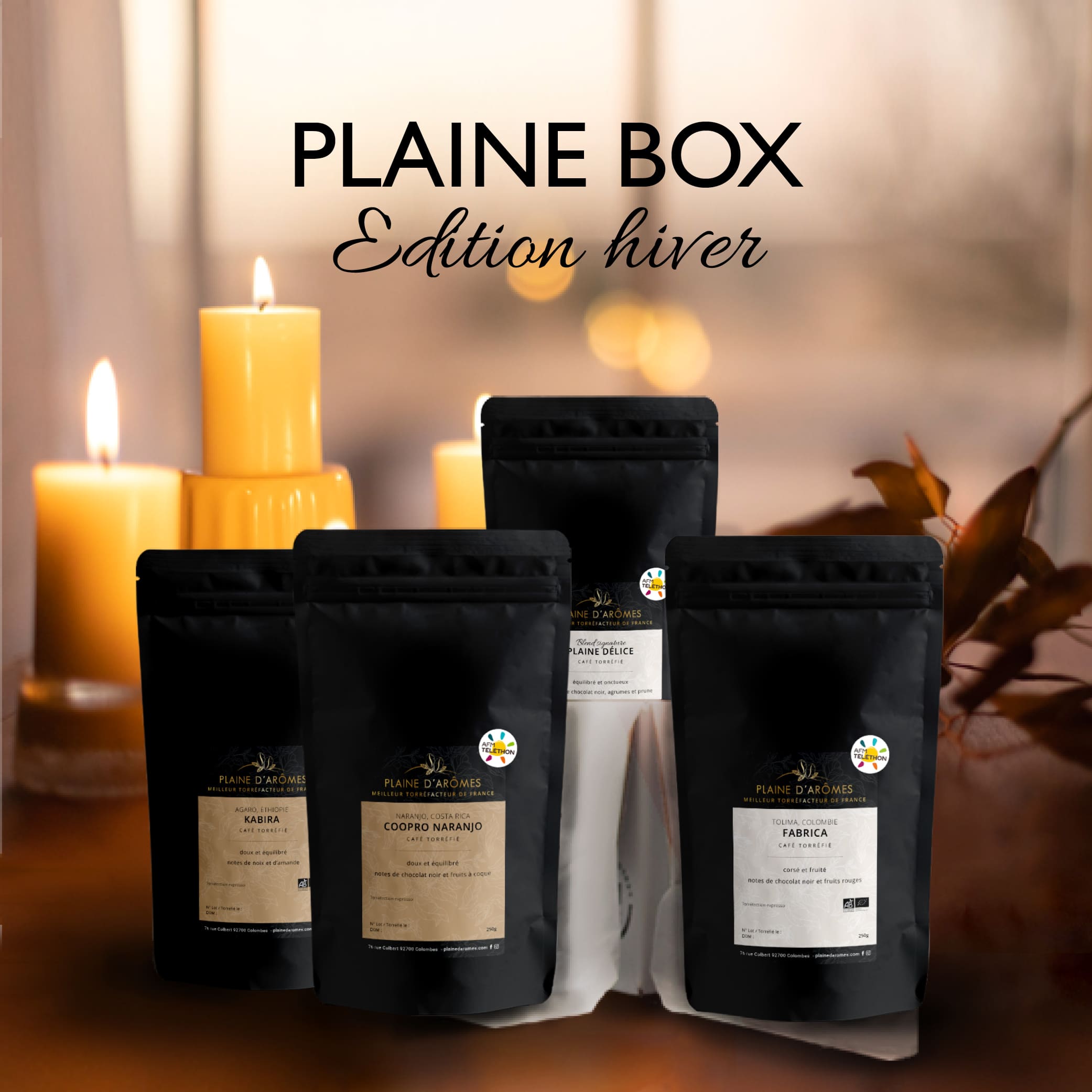 Plaine Box composée de ses 4 paquets de cafés Plaine d'Arômes