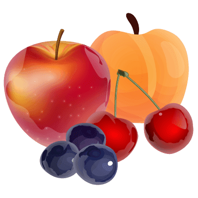 illustration de fruits confits : pomme, pÃªche, myrtilles et cerises